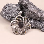 Victorian Sterling Silver Flower Pendant – Black Gemstone Necklace with Diamond & Yellow Accents, Handmade Statement Jewelry