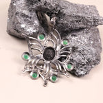 Vintage oval black diamond and green gemstone pendant in sterling silver, antique style statement jewelry, unique gift for her