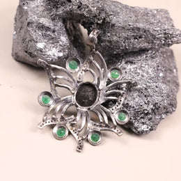 Vintage oval black diamond and green gemstone pendant in sterling silver, antique style statement jewelry, unique gift for her