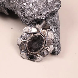 Victorian oval black stone pendant in sterling silver with floral boho gothic design, handmade statement jewelry necklace