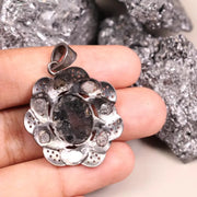 Oval Black Stone Pendant – Victorian Sterling Silver Floral Boho Gothic Necklace, Handmade Unique Statement Jewelry