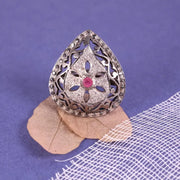 Georgian Style Sterling Silver Ruby Ring – Natural Black Diamond Accent, Handmade 1975s Vintage July Birthstone Gift for Her
