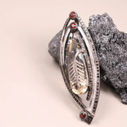 Yellow pear shape gemstone pendant in sterling silver with black natural diamond accents, Art Deco vintage style jewelry gift for her