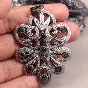 Sterling silver Victorian-style pendant with dark green stone and natural black diamond, elegant minimalist silver jewelry gift