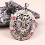 Victorian oval cut sterling silver pendant with pink and green ruby diamonds, 19th-century inspired antique style jewelry gift