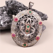 Victorian Oval Cut Pendant – Pink & Green Ruby Diamond Sterling Silver Antique Style Jewelry Gift