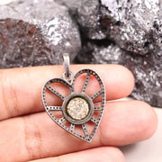 Victorian Silver Heart Shaped Diamond Pendant Necklace – Statement Jewelry, Handmade 19th Century Sparkling Love Charm Gift