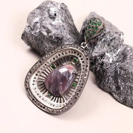 Vintage pear shape Art Deco silver pendant with large purple gemstone and green stone accents, 19th century inspired jewelry gift