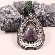 Vintage pear shape Art Deco silver pendant with large purple gemstone and green stone accents, 19th century inspired jewelry gift