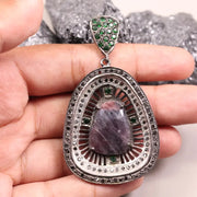 Vintage Pear Shape Pendant – Art Deco Style Silver Pendant with Large Purple Gemstone & Green Stone | 19th Century Inspired Jewelry Gift