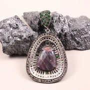 Vintage Pear Shape Pendant – Art Deco Style Silver Pendant with Large Purple Gemstone & Green Stone | 19th Century Inspired Jewelry Gift