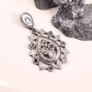 Antique natural black diamond pendant in sterling silver, Art Deco teardrop statement jewelry, pear cut unique style jewelry