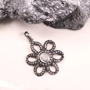 Antique Vintage Floral Pendant – Handmade Black Stone Victorian Necklace, 1990s Boho Gothic Jewelry, Unique Old Style Gift