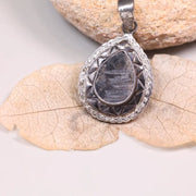 Vintage 1980s Pear Cut Natural Diamond Pendant – Art Deco Silver Antique Necklace with Gothic Black Stone, Handmade Jewelry Gift