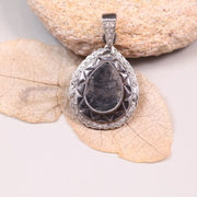 Vintage 1980s Pear Cut Natural Diamond Pendant – Art Deco Silver Antique Necklace with Gothic Black Stone, Handmade Jewelry Gift