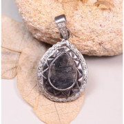 Vintage 1980s Pear Cut Natural Diamond Pendant – Art Deco Silver Antique Necklace with Gothic Black Stone, Handmade Jewelry Gift