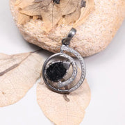 Art Deco Black Stone Teardrop Pendant Necklace – Natural White Diamond & Silver Circle Design, Handmade Unique Jewelry Gift