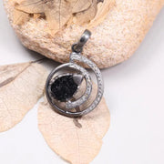 Art Deco Black Stone Teardrop Pendant Necklace – Natural White Diamond & Silver Circle Design, Handmade Unique Jewelry Gift