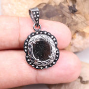 Art Deco Handmade Black Stone Pendant – 925 Sterling Silver Antique Oval Charm Necklace, Rustic Boho Jewelry Gift