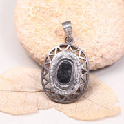 Vintage Gothic Statement Pendant – Georgian Style Black Stone Oval Cut Necklace with Natural Diamond, Handmade Antique Jewelry