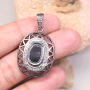 Vintage Gothic Statement Pendant – Georgian Style Black Stone Oval Cut Necklace with Natural Diamond, Handmade Antique Jewelry