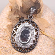 Vintage Gothic Statement Pendant – Georgian Style Black Stone Oval Cut Necklace with Natural Diamond, Handmade Antique Jewelry