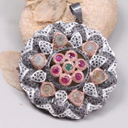 Victorian Style Pink Ruby & Green Diamond Pendant – Sterling Silver Natural Diamond Jewelry Gift