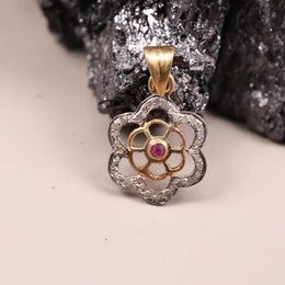 Victorian silver flower pendant with pink ruby gemstone, dainty handmade antique necklace, anniversary gift jewelry for her