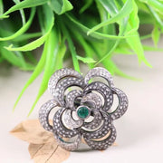 Victorian White Floral Ring – Sterling Silver Jewelry with Rich Green Diamond and Natural White Diamond Accents, Elegant Gift for Her