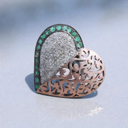 Heart Shaped Vintage Sterling Silver Ring | Green Emerald & Natural Diamond Cocktail Ring | Classic Statement Jewelry Gift for Her