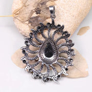 Vintage Black Diamond Pendant, 1988s Sterling Silver Jewelry Pendant, Teardrop Silver Necklace, Art Deco Style Jewelry, Unique Gift For Her