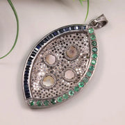 Marquise Shape Pendant with Opal & Emerald – Handmade Art Deco Style Gemstone Jewelry, Unique Wedding Gift for Her