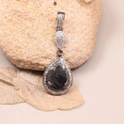 Georgian Style Vintage Teardrop Black Stone Pendant Necklace – Sterling Silver Filigree Gothic Boho Jewelry, Antique Style Gift
