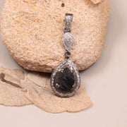 Georgian Style Vintage Teardrop Black Stone Pendant Necklace – Sterling Silver Filigree Gothic Boho Jewelry, Antique Style Gift