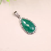 Victorian Style Green Pear Cut Emerald Pendant – Silver Teardrop Vintage Necklace with Black Diamond Accent, Unique Jewelry for Her