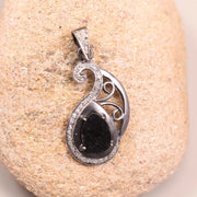 Antique Pear Black Diamond Pendant – White Natural Diamond Victorian Style Silver Jewelry, 19th Century Pendant