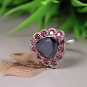 Art Deco Style Silver Cocktail Ring – Black Moissanite Trillion Cut with Pink Sapphire & Ruby Halo, Unique Statement Jewelry for Women