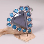 Art Deco 925 silver engagement ring with trillion cut black moissanite and blue topaz stones, unique anniversary gift jewelry