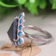 Art Deco Style Ring – 925 Sterling Silver Engagement Ring with Trillion Cut Black Moissanite & Blue Topaz Stones, Unique Anniversary Gift