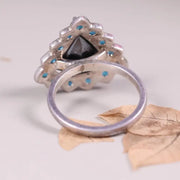 Art Deco Style Ring – 925 Sterling Silver Engagement Ring with Trillion Cut Black Moissanite & Blue Topaz Stones, Unique Anniversary Gift
