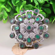 1970s Oval Cut Ring – Victorian Silver Statement Ring with Green Gemstone | Antique Elegant Floral Jewelry, Unique Royal Gift