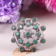 1970s Oval Cut Ring – Victorian Silver Statement Ring with Green Gemstone | Antique Elegant Floral Jewelry, Unique Royal Gift