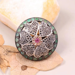 Victorian floral style sterling silver ring with pink ruby, emerald, and diamond accents, handmade antique-inspired jewelry gift