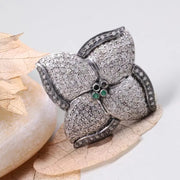Vintage Floral Wedding Ring – 4 Petal Pave Sterling Silver Ring with Emerald Accents | Art Deco Cocktail Jewelry Gift