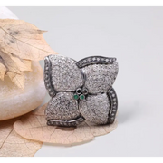 Vintage Floral Wedding Ring – 4 Petal Pave Sterling Silver Ring with Emerald Accents | Art Deco Cocktail Jewelry Gift
