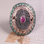 Vintage Oval Ruby and Emerald Ring – Victorian Style Sterling Silver Gemstone Statement Jewelry with Natural Diamonds, Elegant Gift for Her