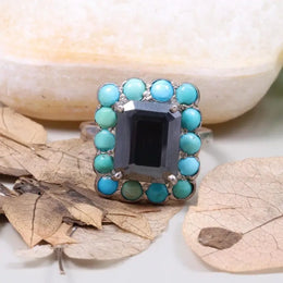 Vintage turquoise ring, 1990s Art Deco Victorian style jewelry with emerald cut black moissanite, unique statement anniversary gift