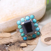 Vintage Turquoise Ring – 1990s Art Deco Victorian Style Jewelry with Emerald Cut Black Moissanite, Unique Statement Anniversary Gift