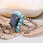 Vintage Turquoise Ring – 1990s Art Deco Victorian Style Jewelry with Emerald Cut Black Moissanite, Unique Statement Anniversary Gift