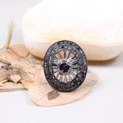 Vintage black rhodium Art Deco style ring, 925 sterling silver with 6mm round cut stone and natural black diamond accents